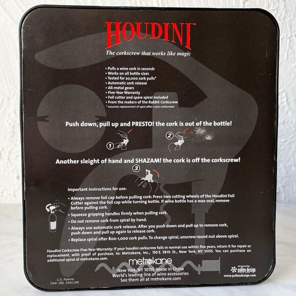 Houdini Red Lever Corkscrew 3-Piece Wine Opener - Foil Cutter - Spiral  Open Box - Picture 3 of 3